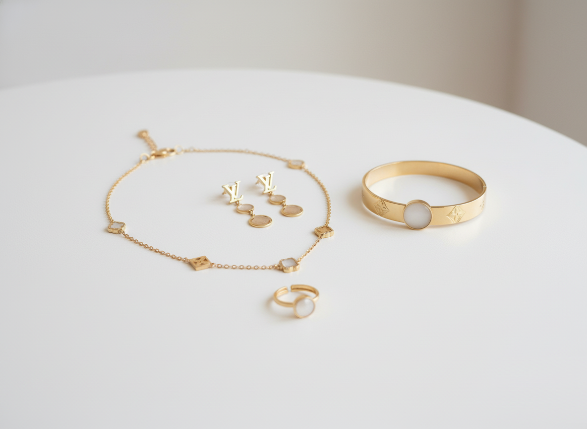 Luxury Gold Charm Jewelry Set – Elegant LV-Style Fashion for Women