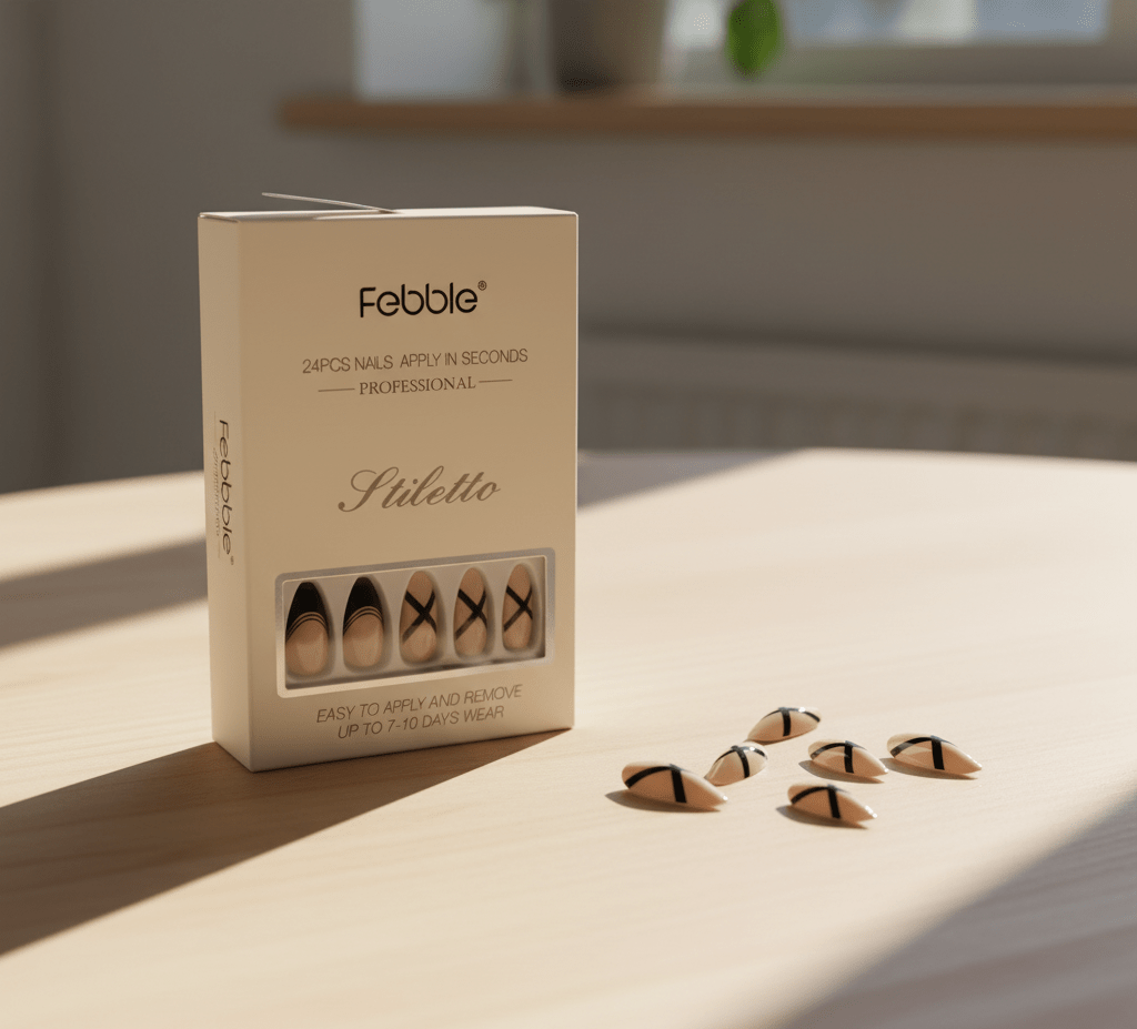 Febble - Stiletto Nude Black Cross Press-On Nails (Original)